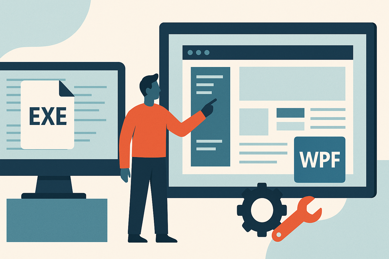 Illustration of a developer modernizing a legacy EXE desktop application into a modern WPF interface